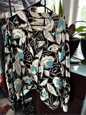 Alfred Dunner Black Floral Button-Up Shirt Jacket with Cream & Teal Accents